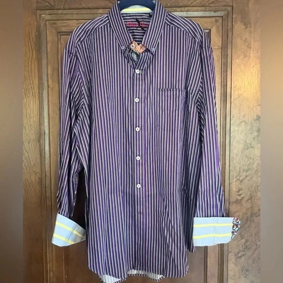 NWT Robert Graham Purple and Black Striped Collared Shirt Men’s Size XL - Picture 1 of 11